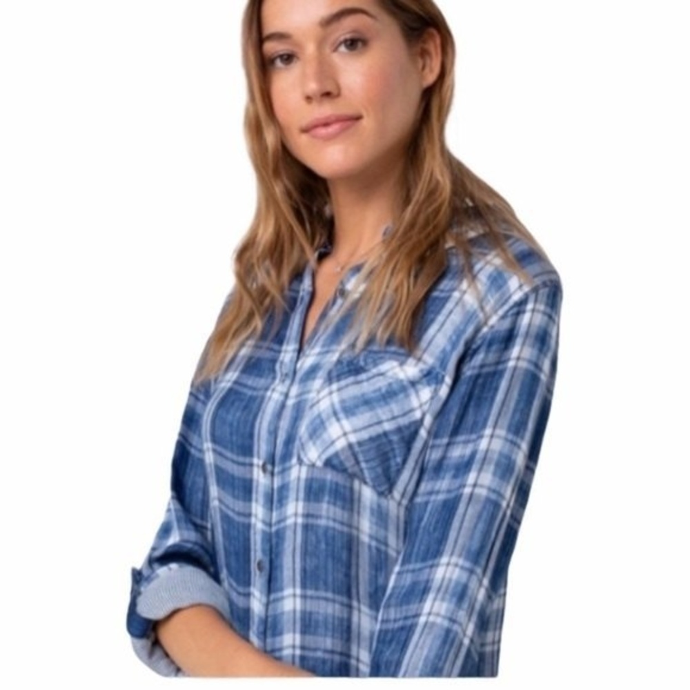 Anthropologie Cloth & Stone Blue Plaid Hi Low Hem Top Size Small